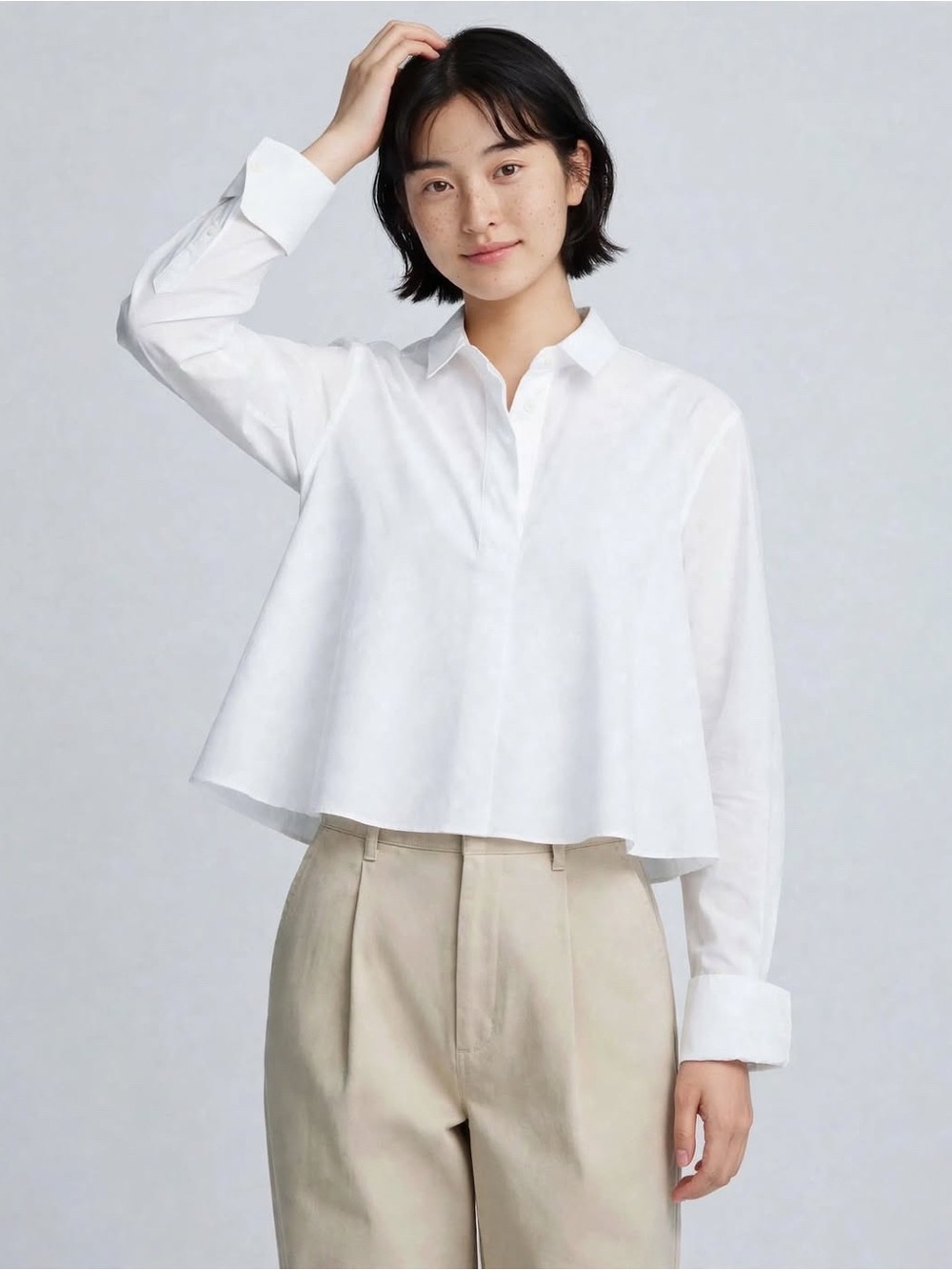 UNIQLO White Long-Sleeve Aline Flare Hem Cotton Shirt
